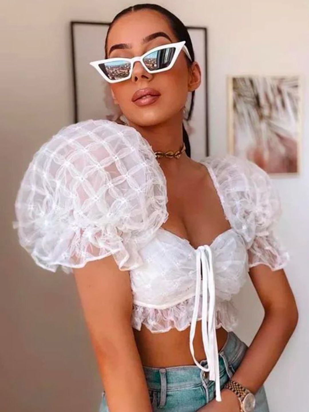 MADE FOR HER LABEL Checked Puff Sleeve Crop Top