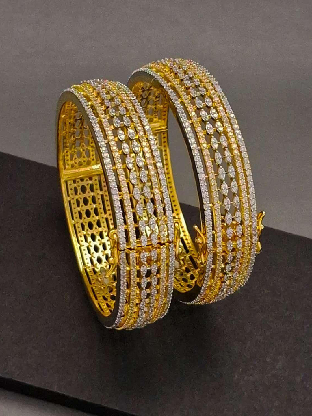 Zevarly Set Of 2 Gold-Plated American Diamond Stone-Studded Openable Bangles