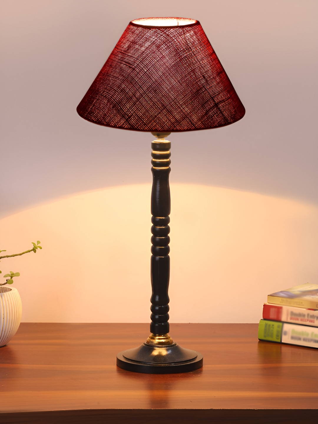 Devansh Maroon and Brown Wooden Frusturical Shaped Table Lamp