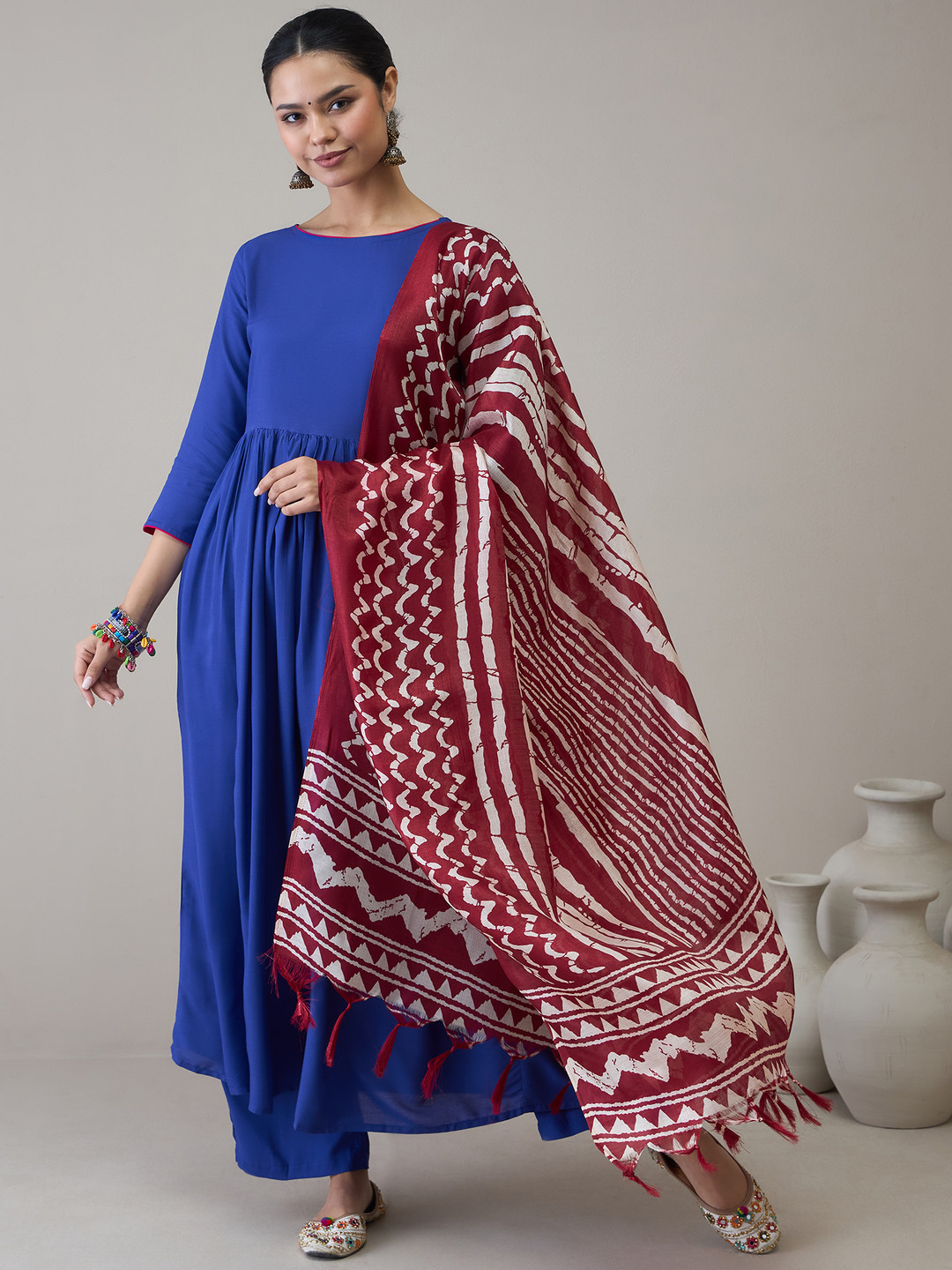 InWeave Women Pleated Kurta with Palazzos & With Dupatta