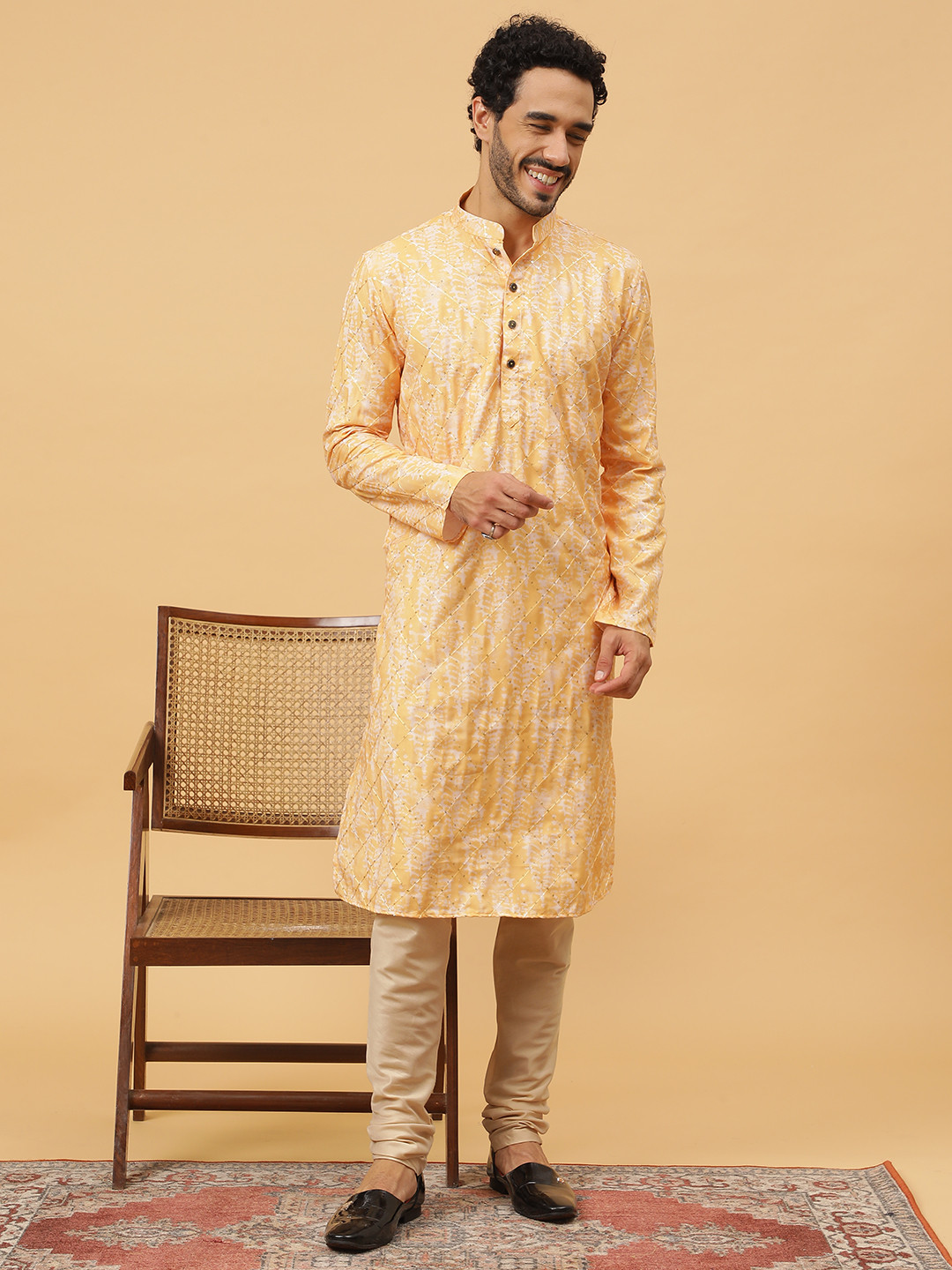 TABARD Checked Embroidered Mandarin Collar Pure Cotton Straight Kurta With Churidar