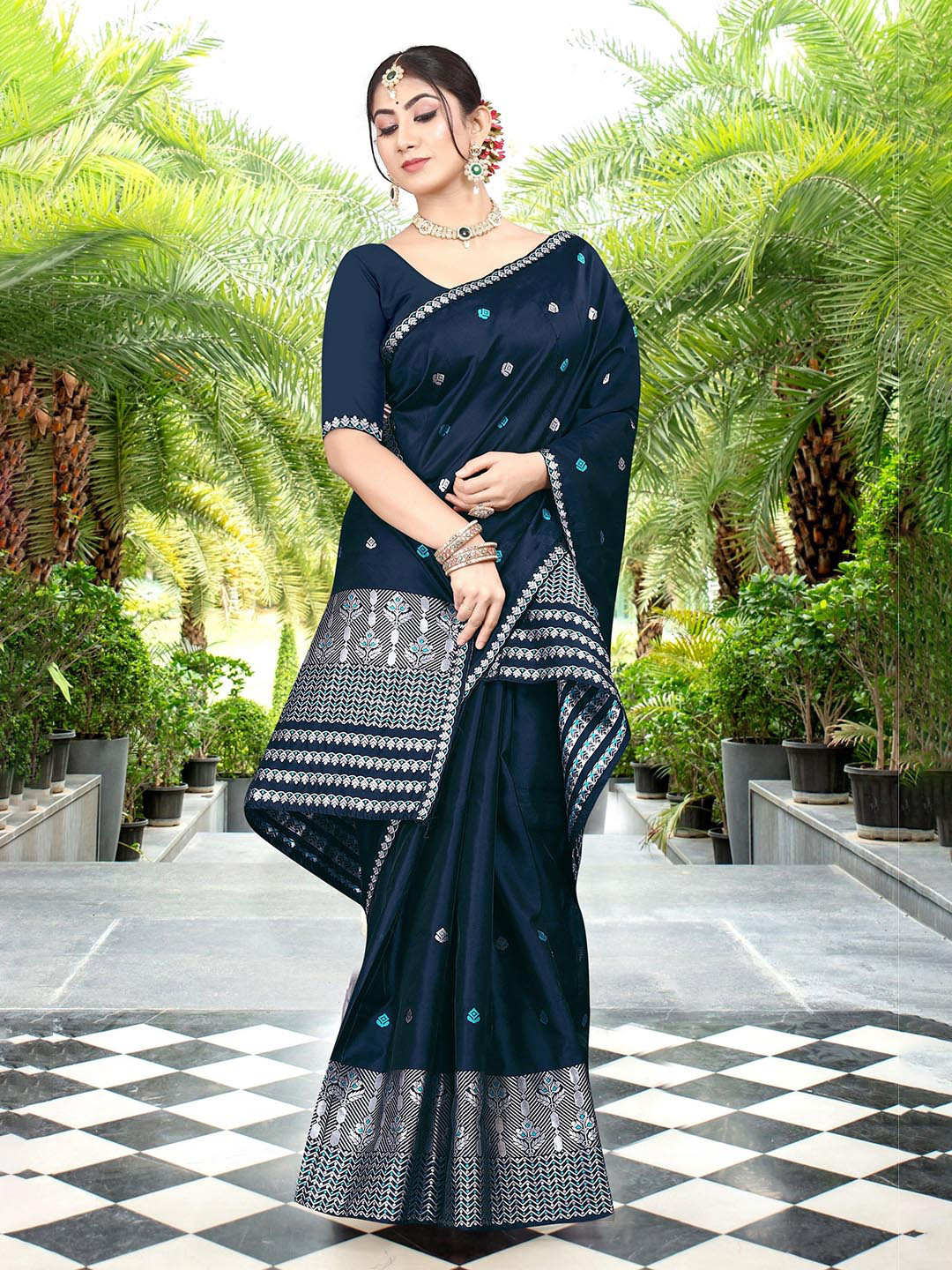 KAMDAR Silver Jari Poly Pat Silk Assamese Mekhela Chador with Jacquard Weave