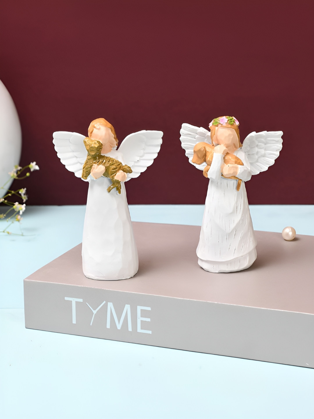 TAYHAA Angels One Holding Cat One Holding Dog White Resin Natural Living Room Set of 2 Small Showpieces - 4.7 Inches