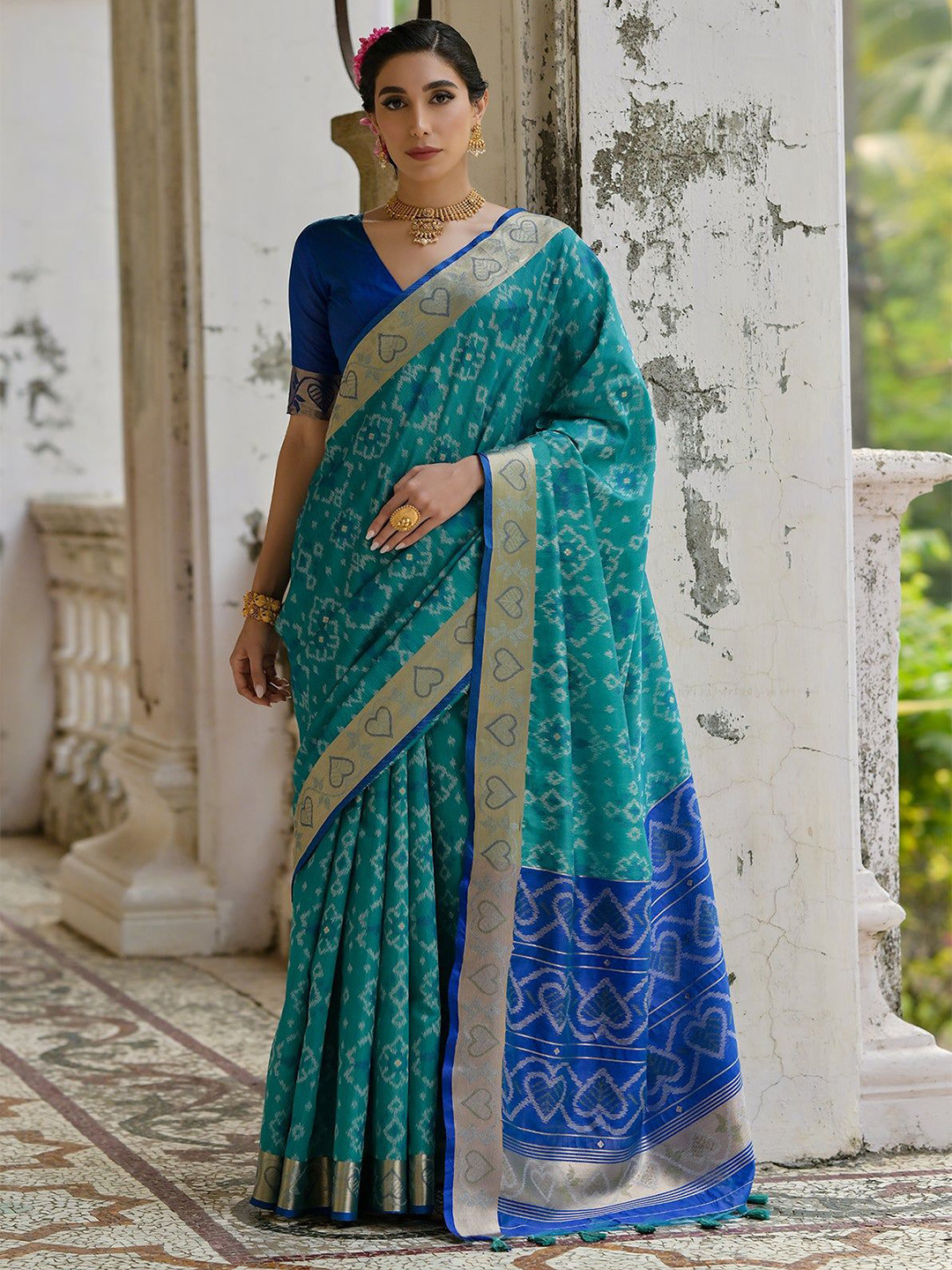 VISHNU WEAVES Teal Firozi Woven Design Zari  Ikat Saree