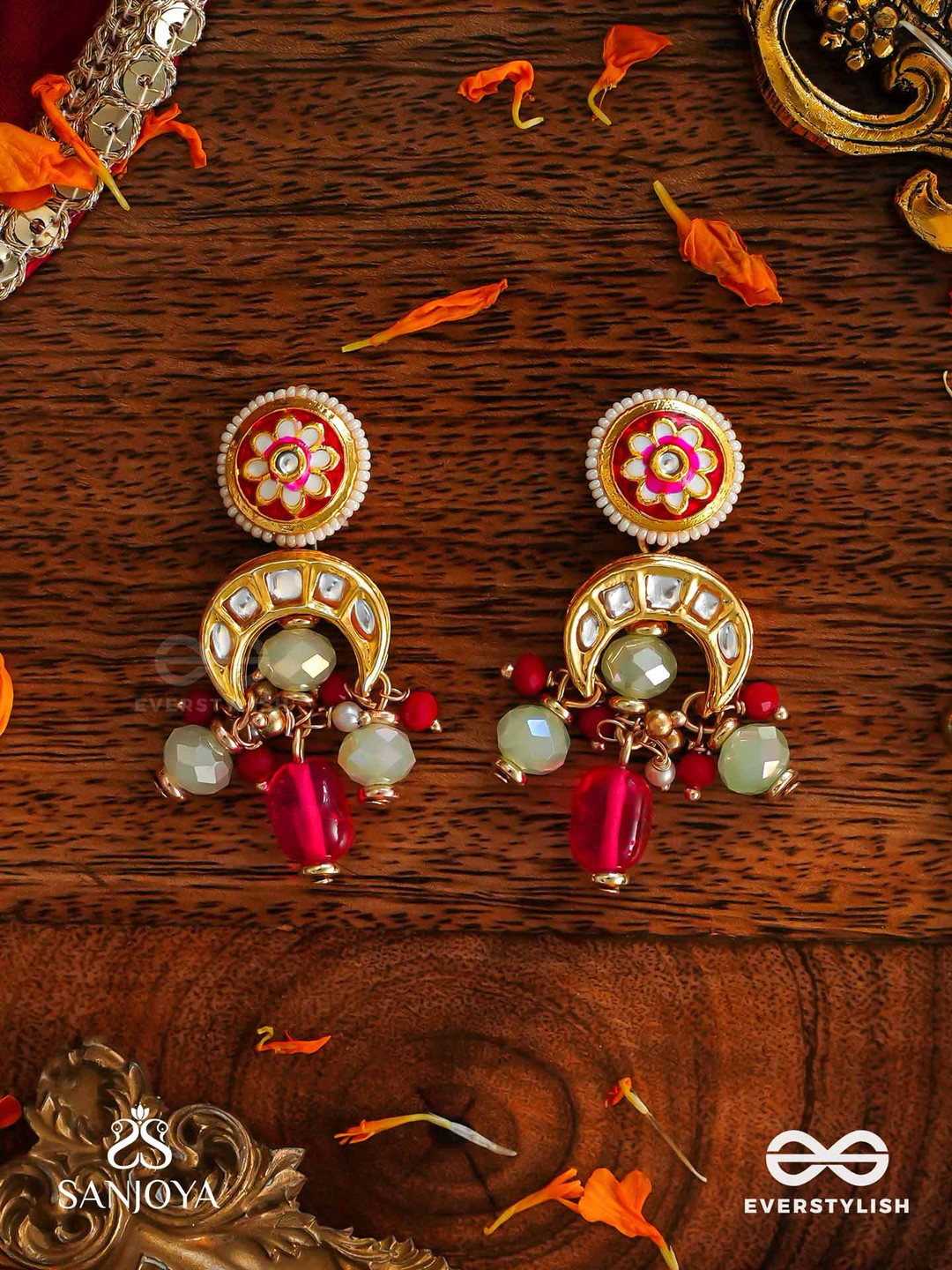 EVERSTYLISH Sanjoya Gold & Red Kundan Earrings with Golden Moons & Red Beads
