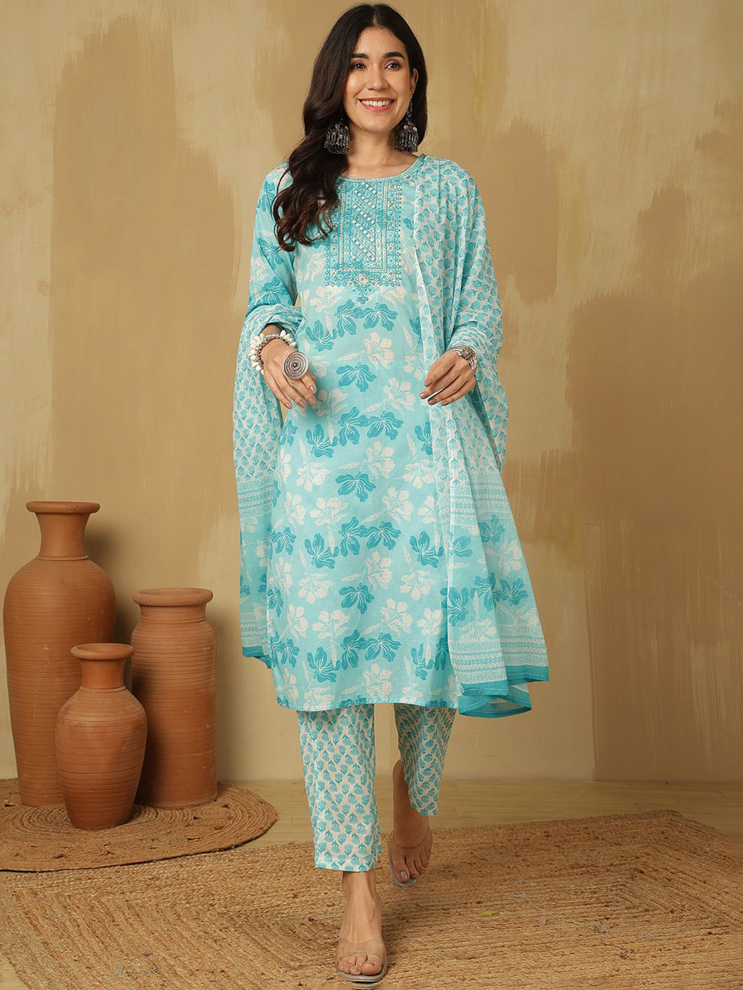 Sangria Sky Blue Floral Printed Mirror Work Pure Cotton Kurta With Trouser And Dupatta