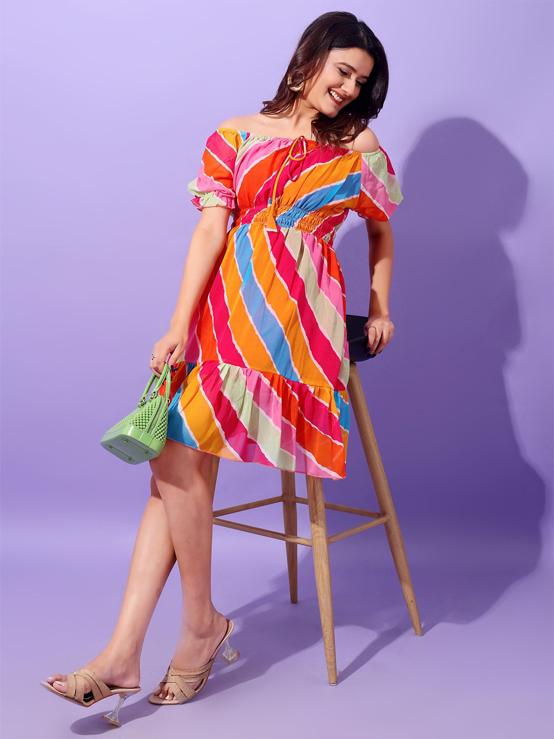 Attire Empire Print Puff Sleeve Georgette Fit & Flare Dress