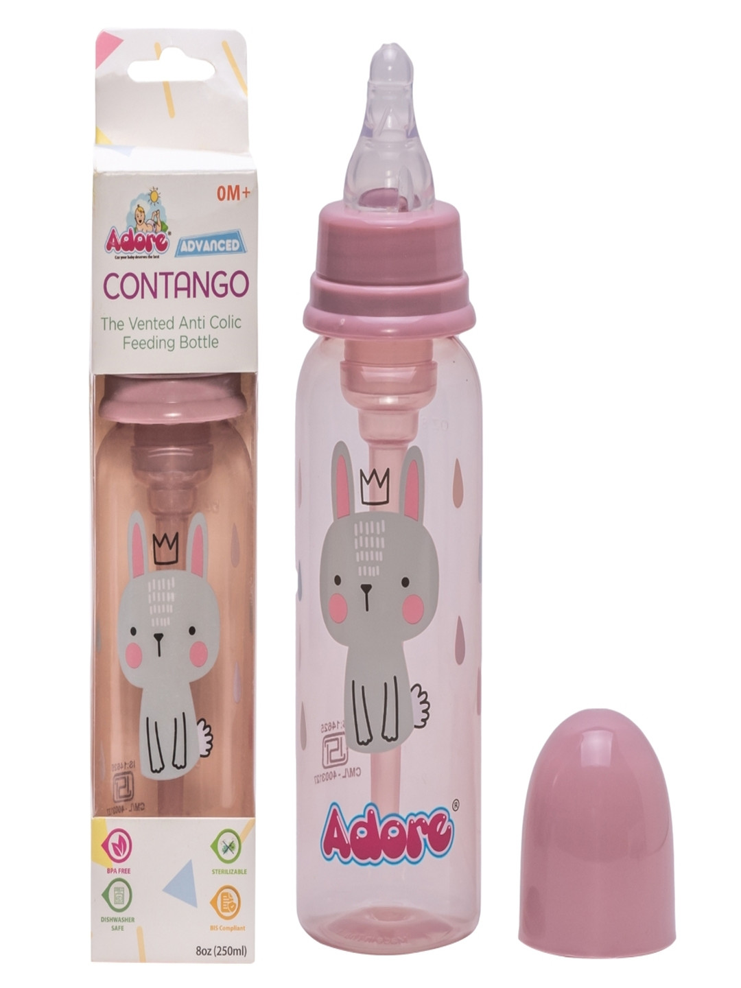 Adore Transparent & Pink Printed Ventilated Anti-Colic Stem Baby Feeding Bottle- 250ml