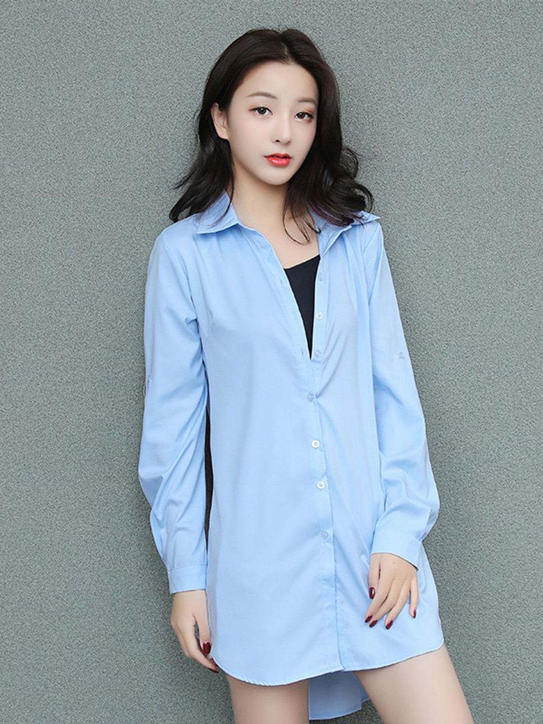bebe Light Blue Relaxed Fit Long Sleeve Button-Up Shirt