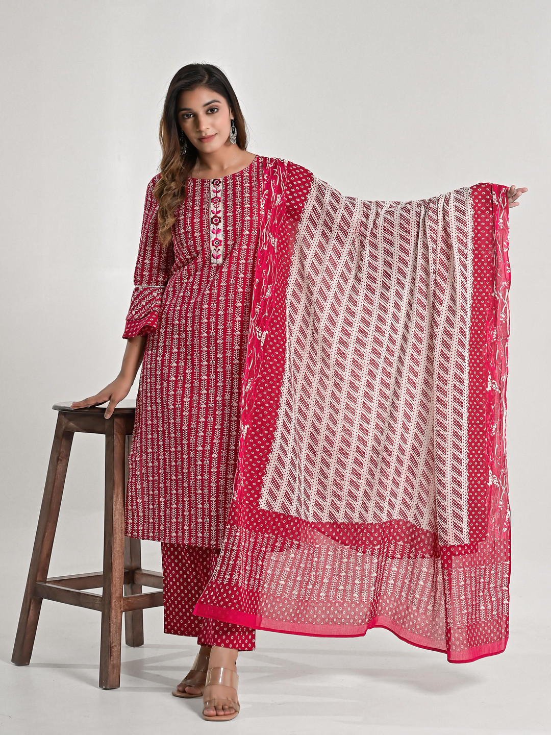 KASHISHIYA Floral Printed Mirror Work Pure Cotton Straight Kurta With Trousers & Dupatta