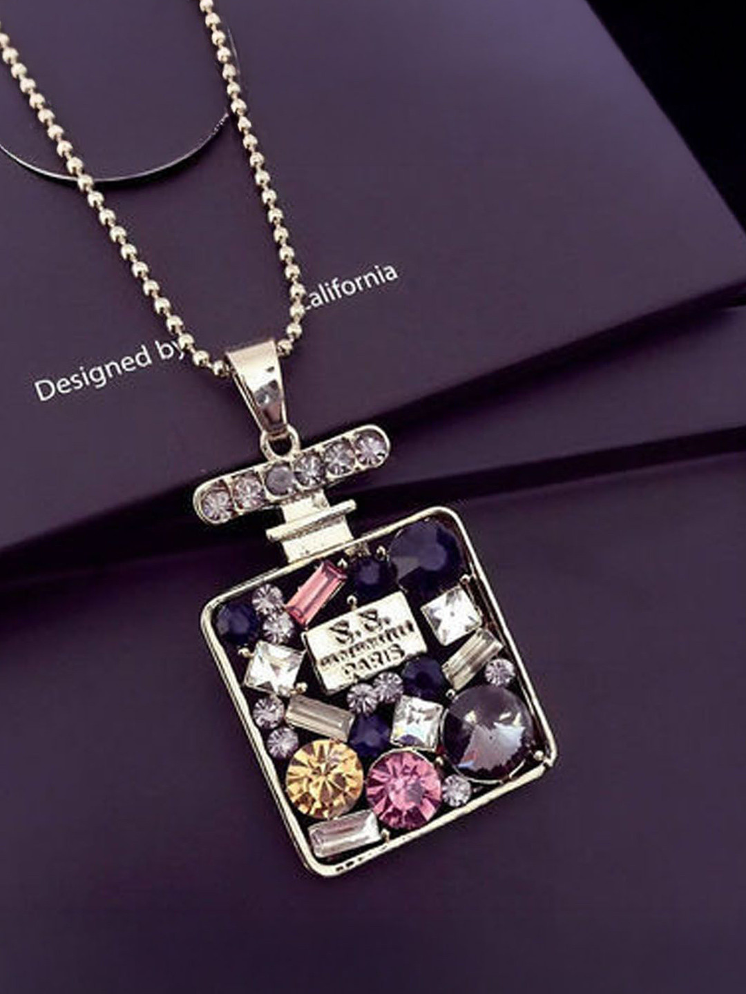 StyleCast Silver-Toned Crystals-Studded Perfume Bottle-Shaped Elegant Pendant With Chain