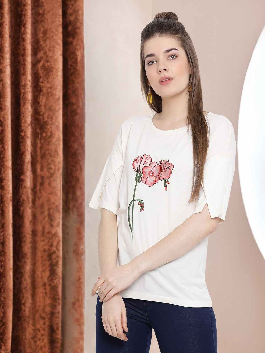 Moda Elementi Floral Printed Extended Sleeves Cotton Top