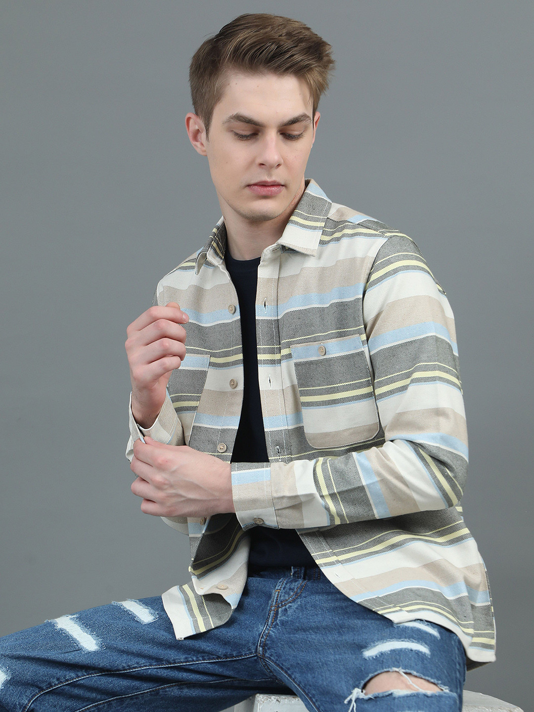 StitchX Men Full Sleeve Striped Double Pocket Spread Collar Overshirt