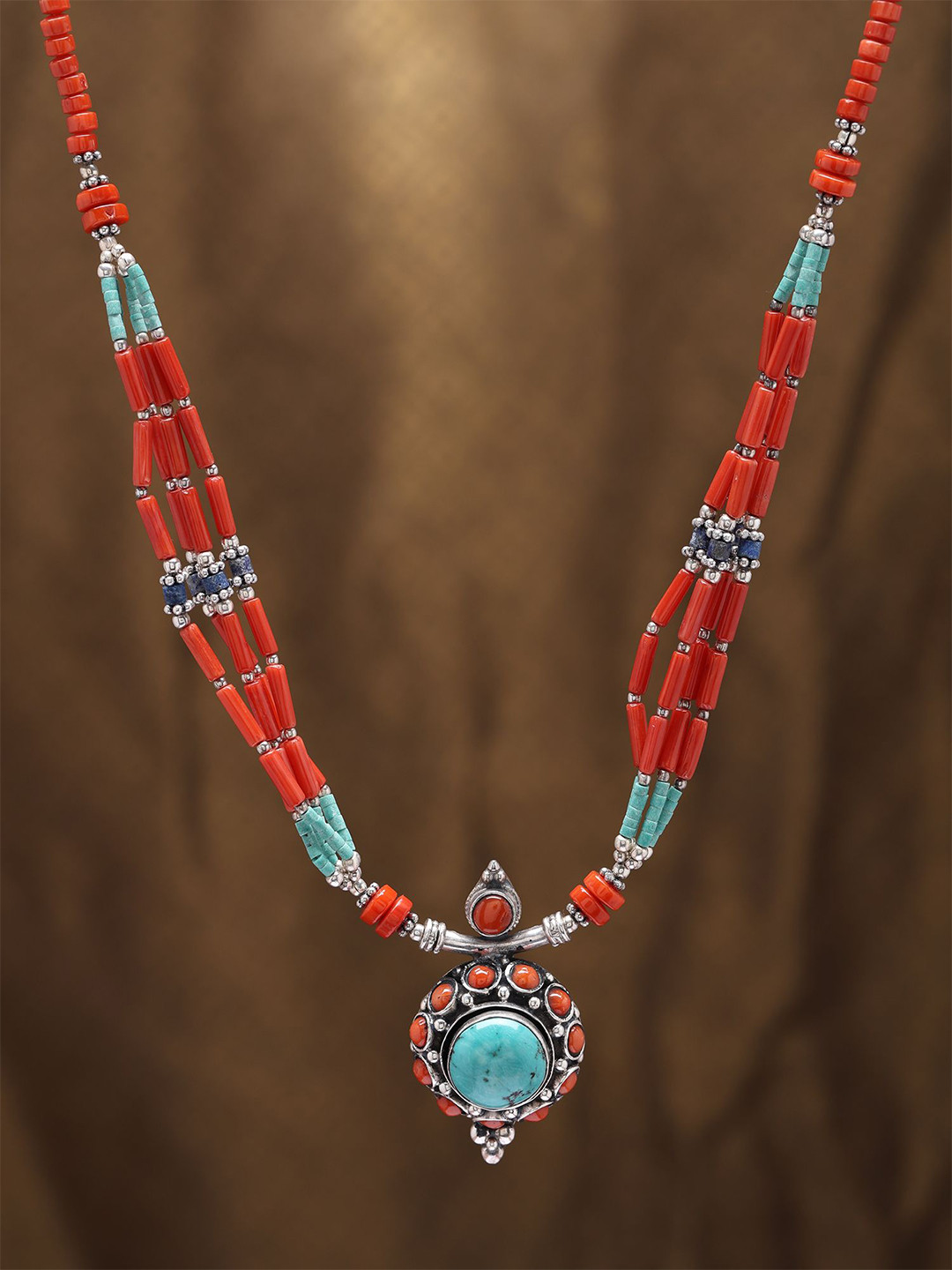 Exotic India Sterling Silver Multi Stone Necklace With Turquoise Lapis Lazuli and Coral