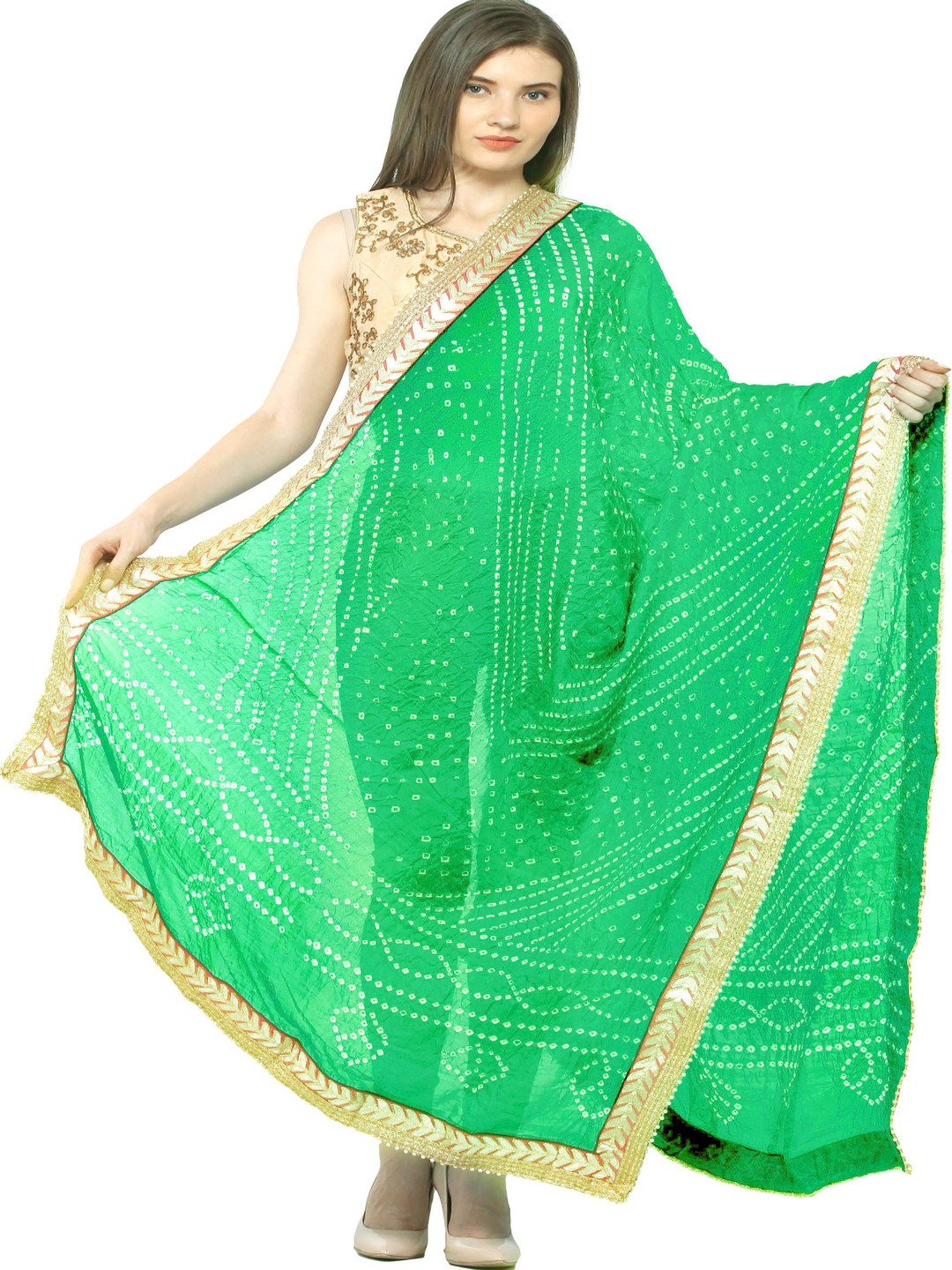 Exotic India Jasmine Green Tie-dye Print and Gota Border Silk Jodhpuri Dupatta