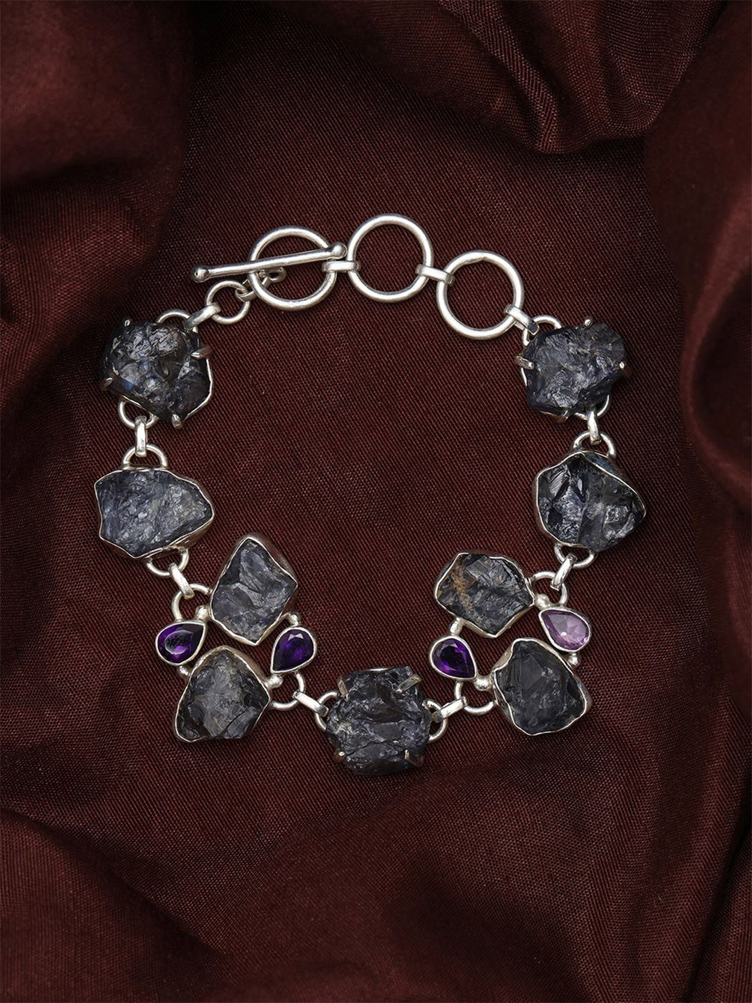 Exotic India Rugged Tanzanite Toggle Clasp Lock Bracelet with Faceted Amethyst