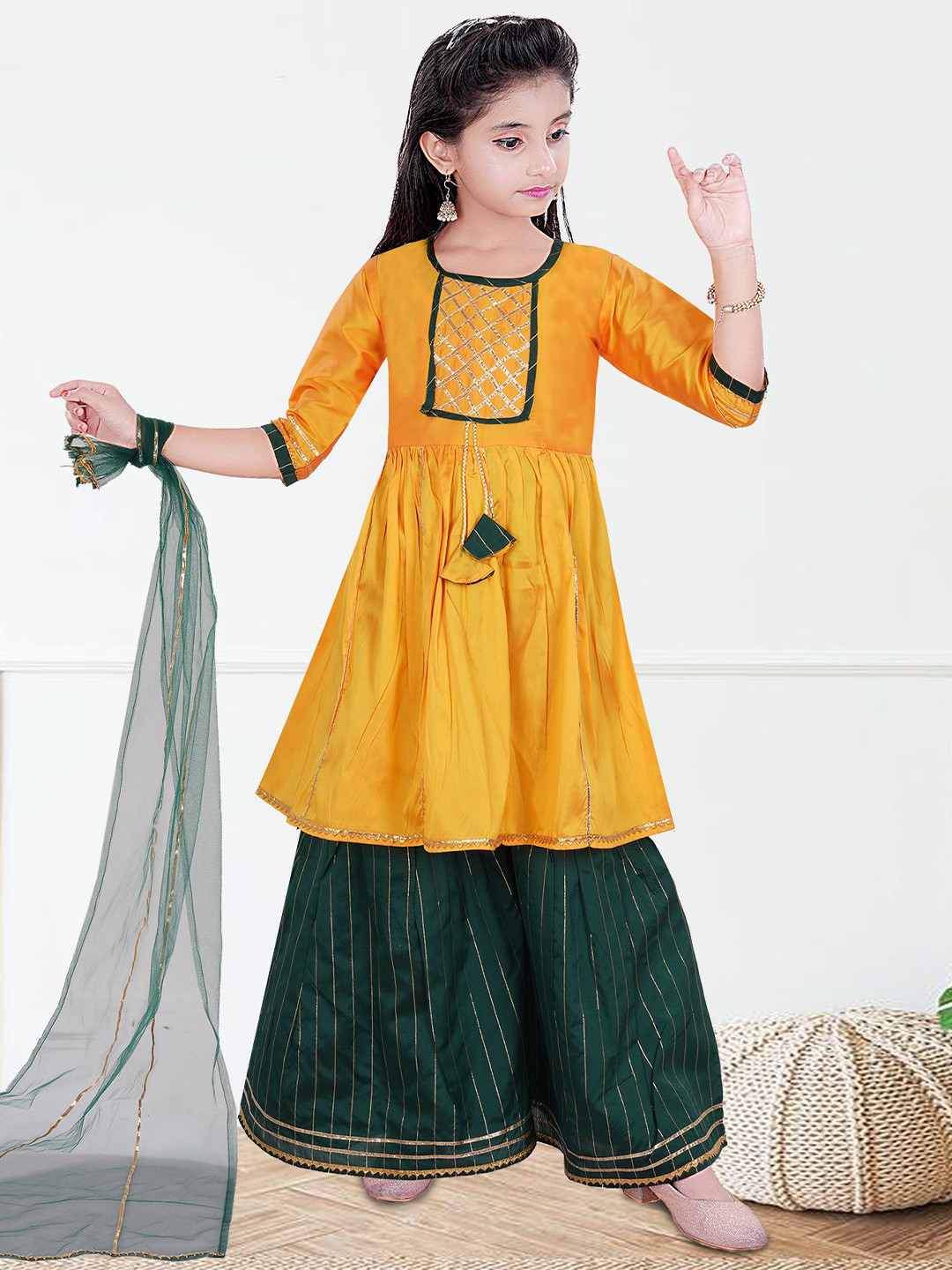 AM Creation Girls Striped Yoke Design Round Neck Anarkali Kurta With Sharara & Dupatta