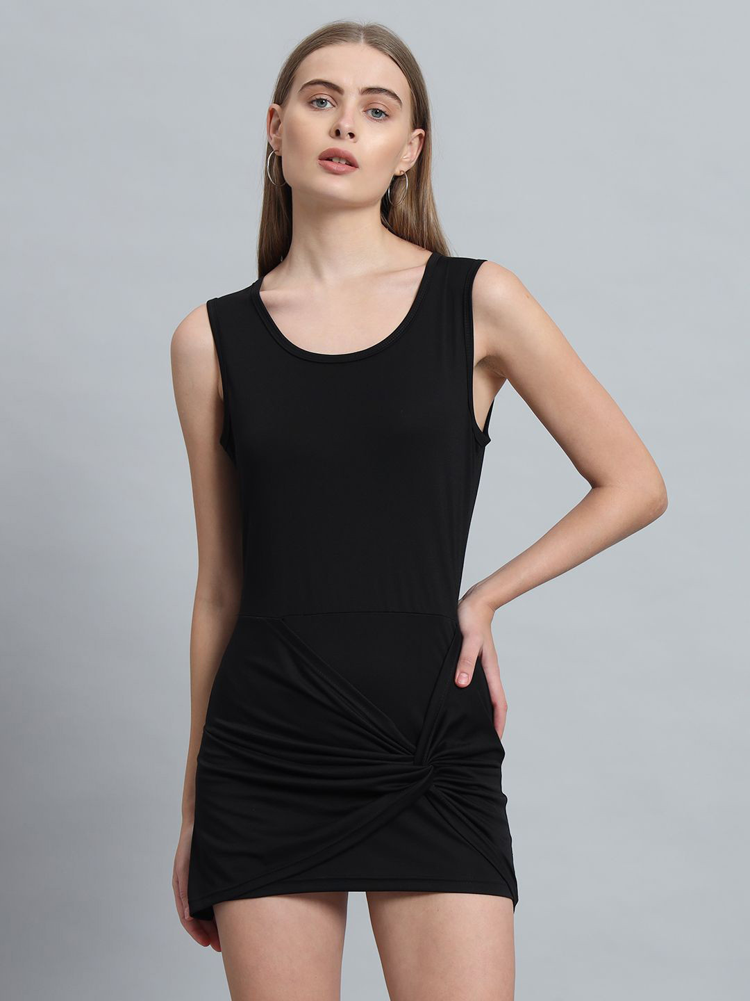 ND & R Women Solid Strechable Sleeveless Twisted Bodycon Mini Length Dress