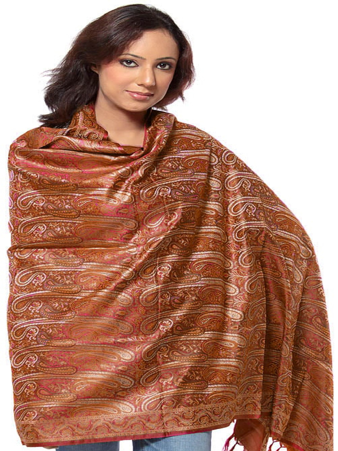 Exotic India Burnt Brick Pure Silk-Wool Stylized Paisleys Woven Banarasi Shawl