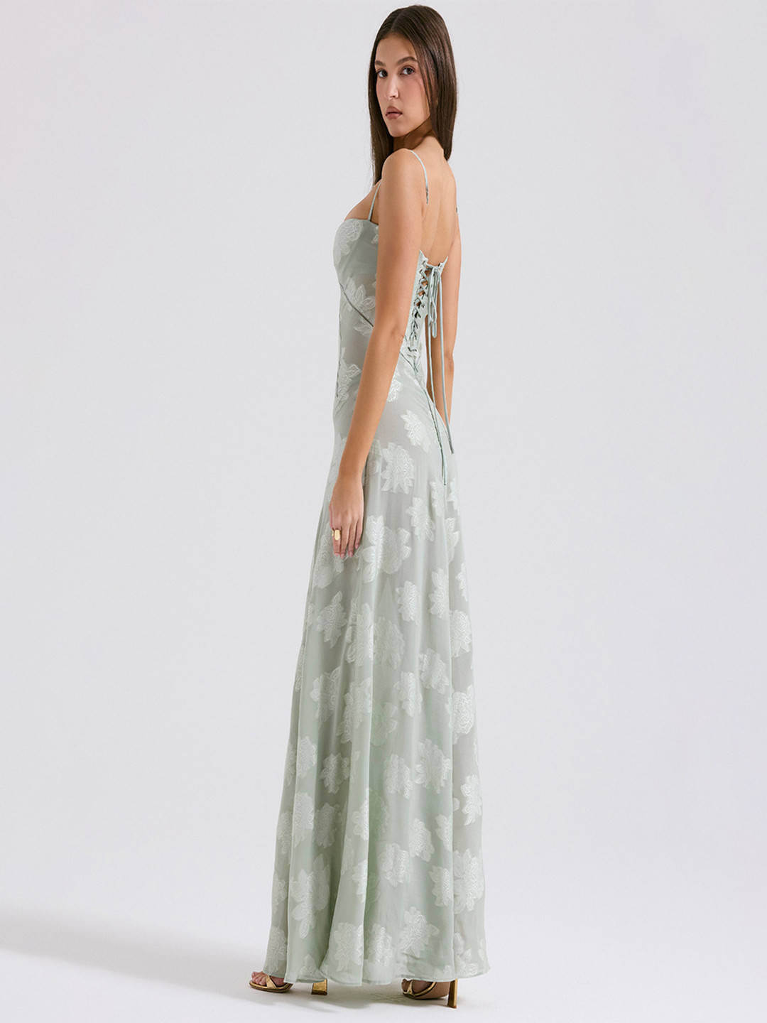 bebe Green Floral Self-Design Sweetheart Neck Lace-Up Back Maxi Slip Dress