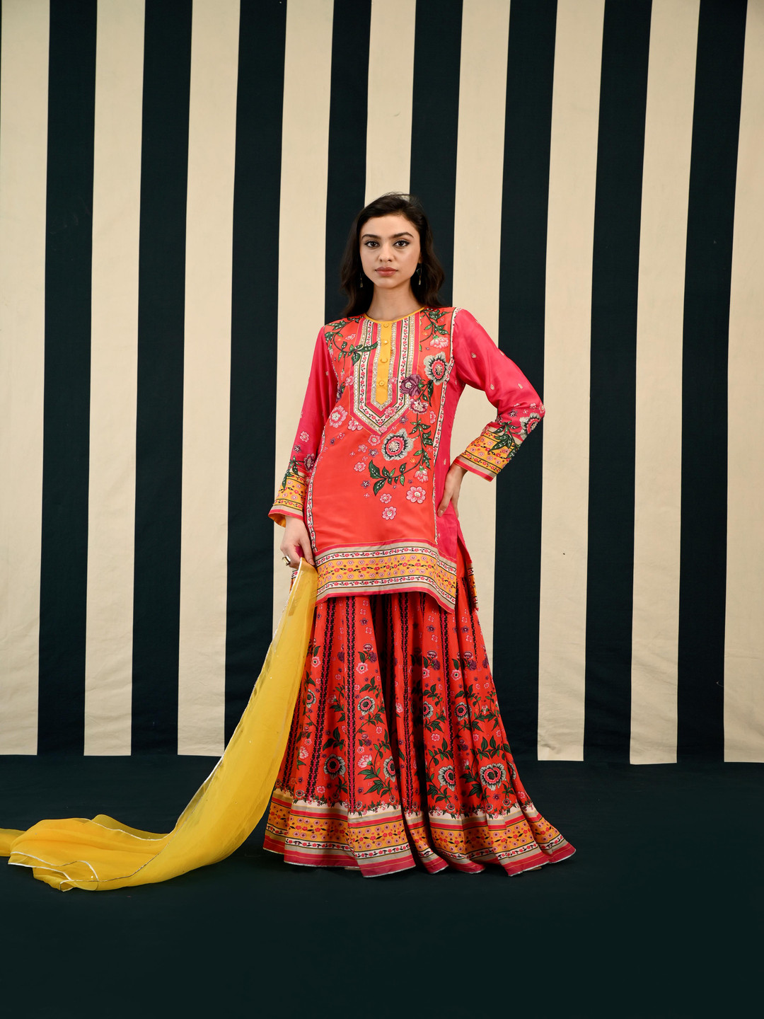 SWATI VIJAIVARGIE Floral Embroidered Pure Silk Straight Kurta With Sharara & Dupatta