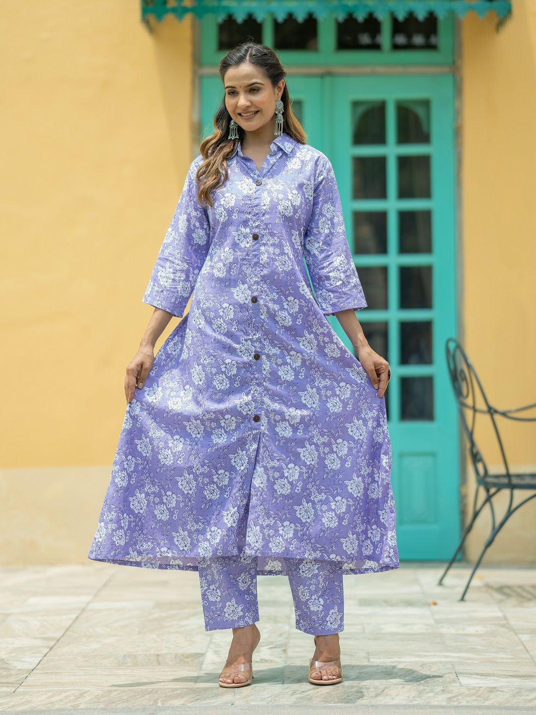Moda Rapido Purple Floral Printed Shirt Collar Pure Cotton Straight Kurta With Palazzos