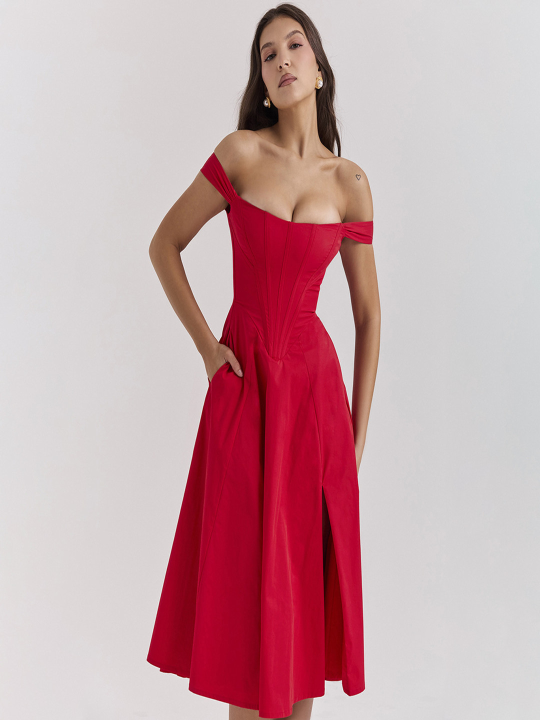 bebe Red Off-Shoulder Fit & Flare Corset Midi Dress