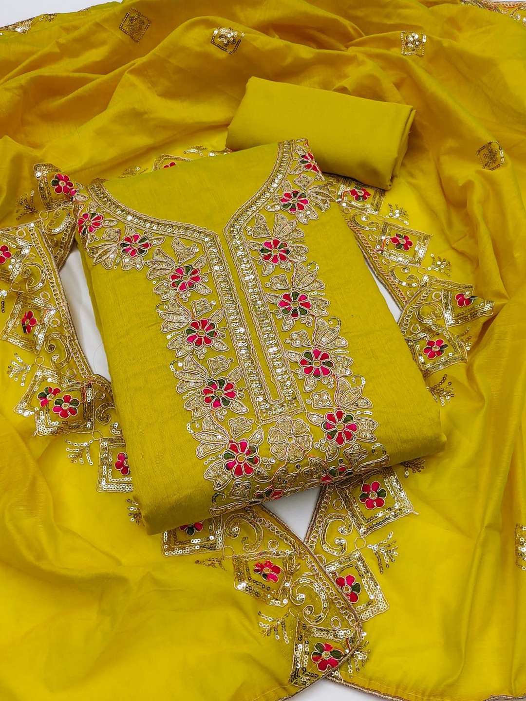 COCFI Floral Embroidered Chanderi Silk Unstitched Dress Material