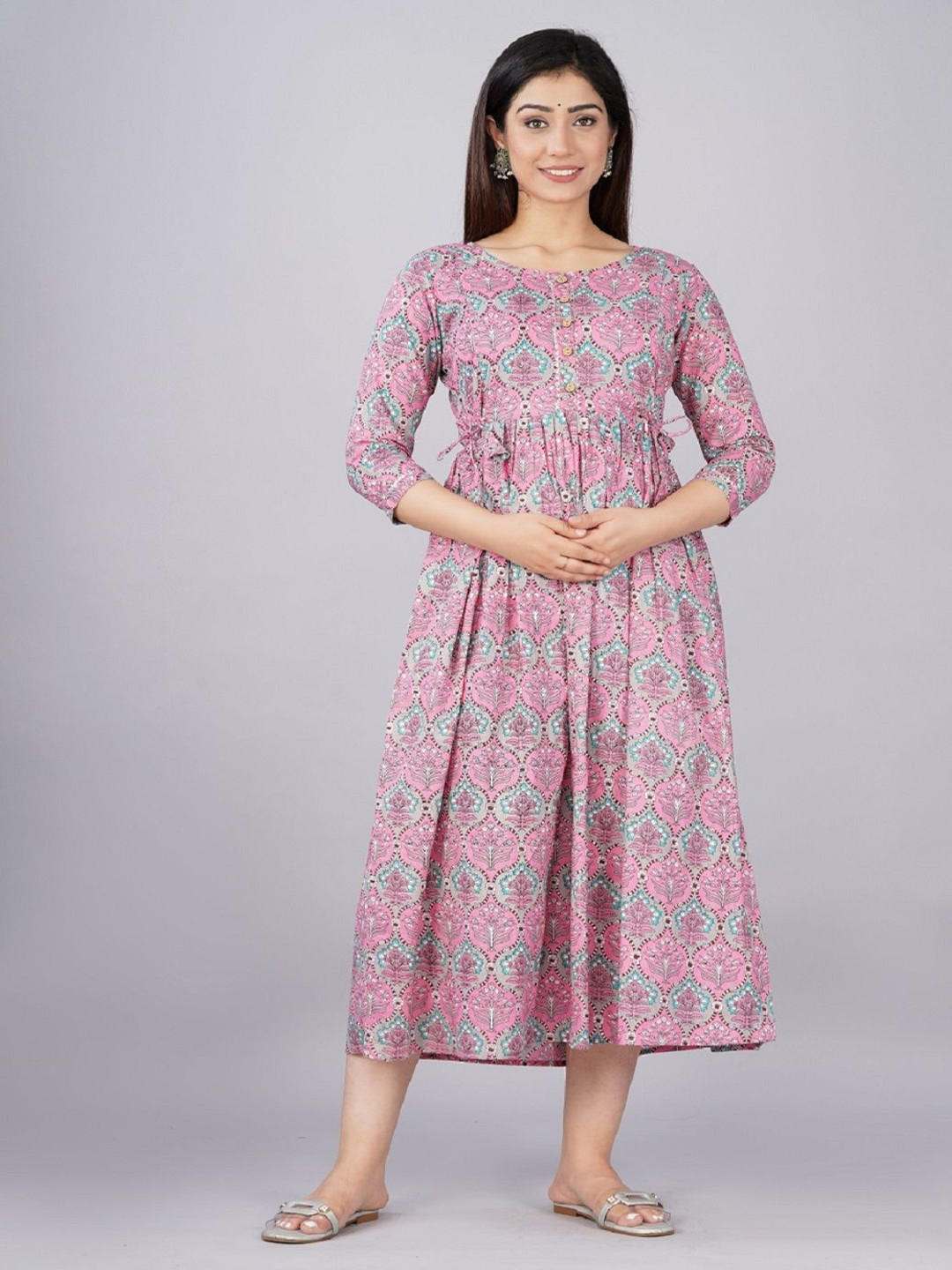Nevisha Style Floral Printed Round Neck Maternity Cotton Fit and Flare Dress