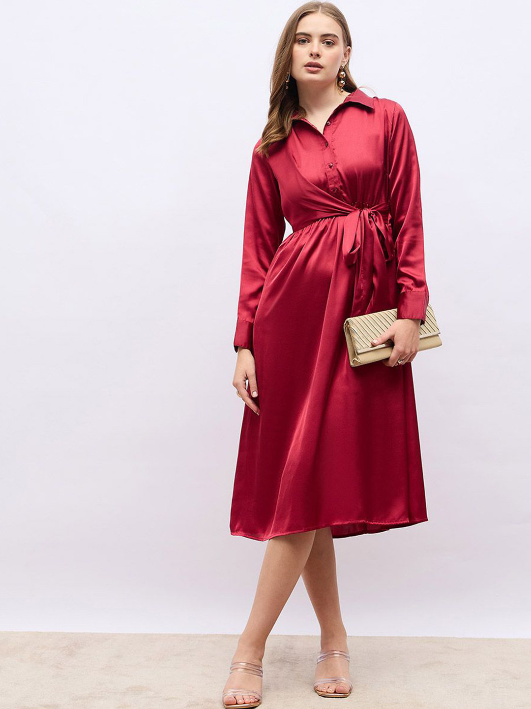 Styli Women Wrap Style Long Sleeve Shirt Midi Dress