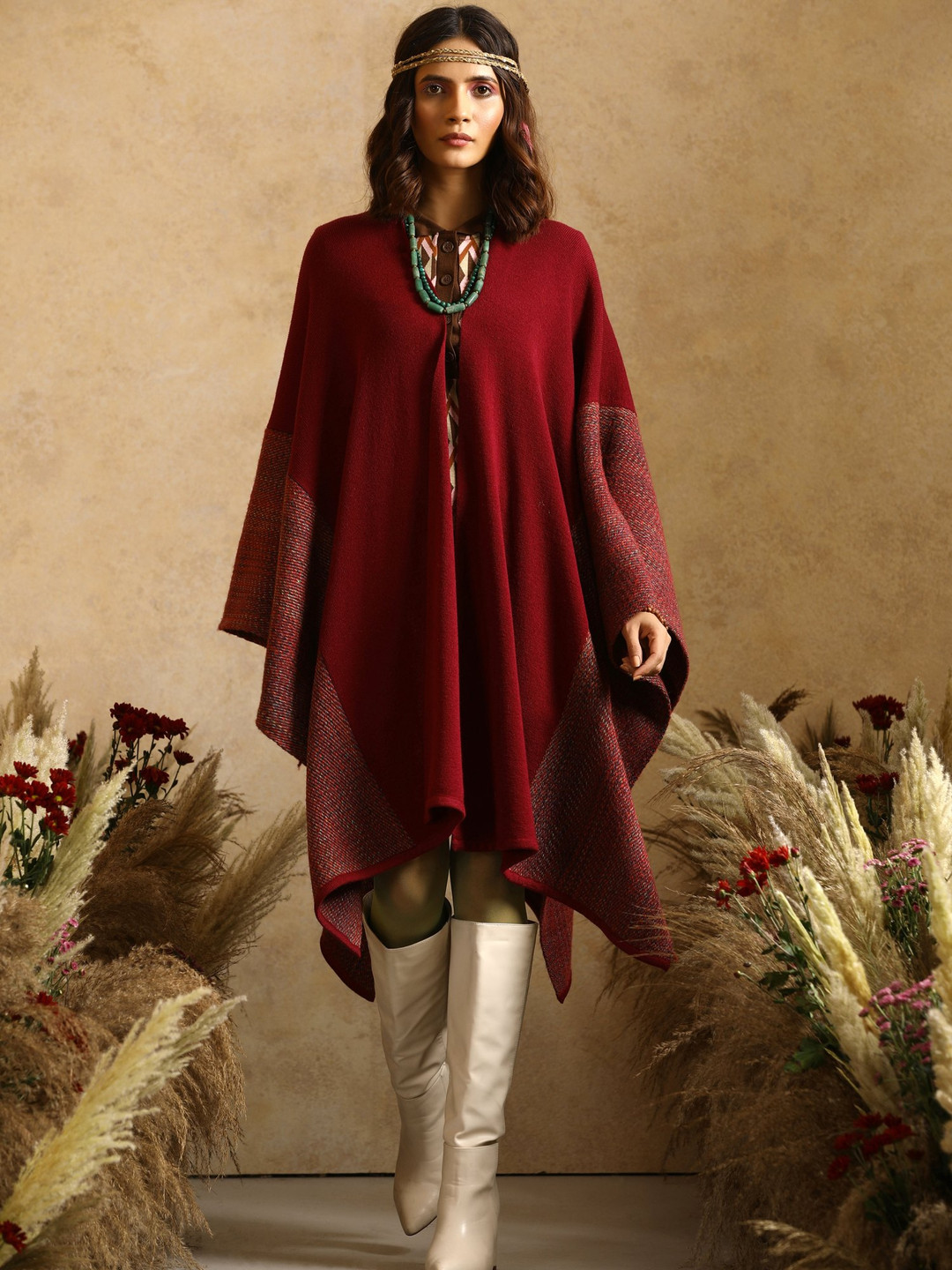KHALEEJ Self Design Woollen Longline Poncho