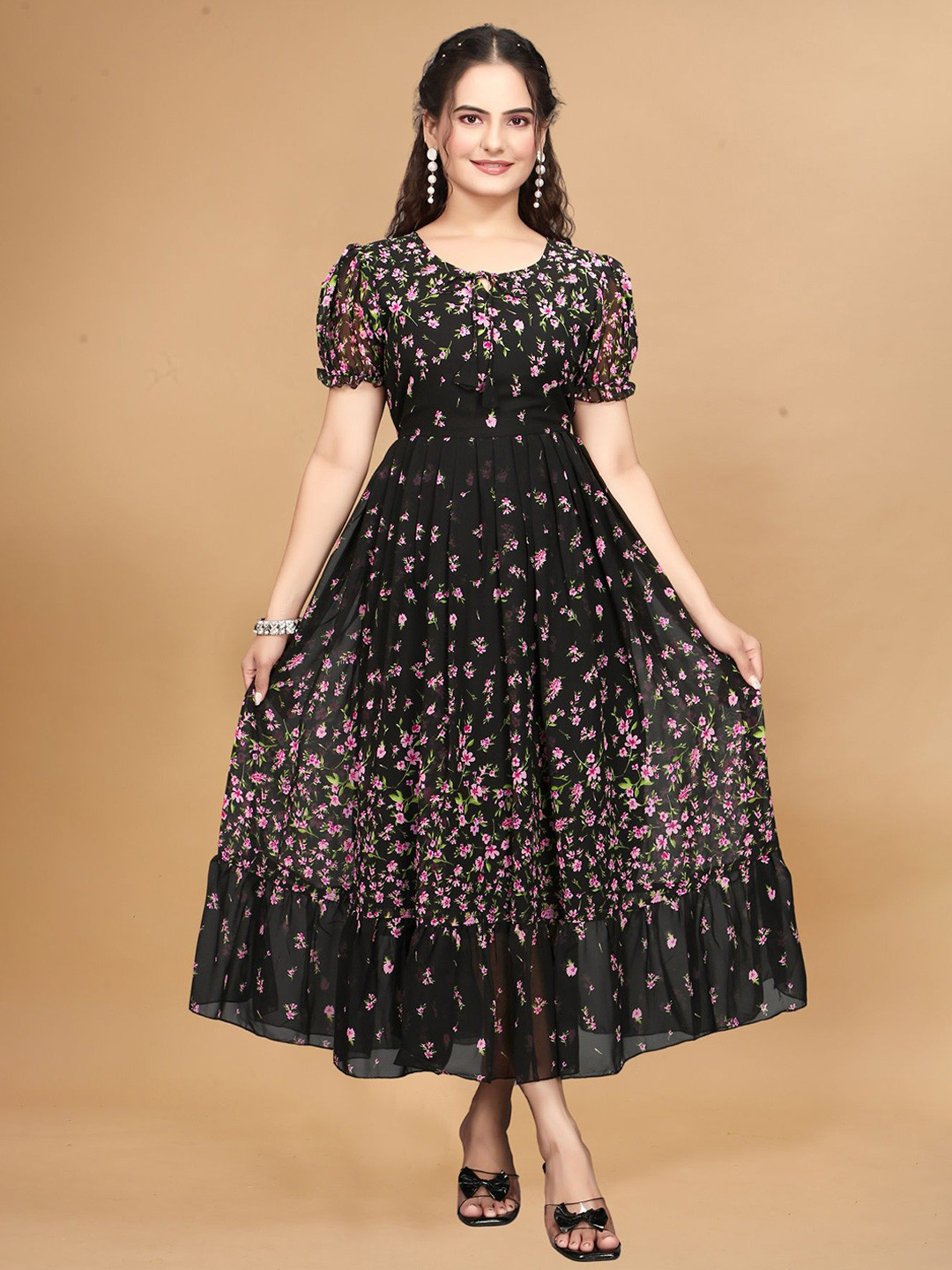 QENA Floral Print Tie-Up Neck Puff Sleeve Georgette Maxi Midi Dress