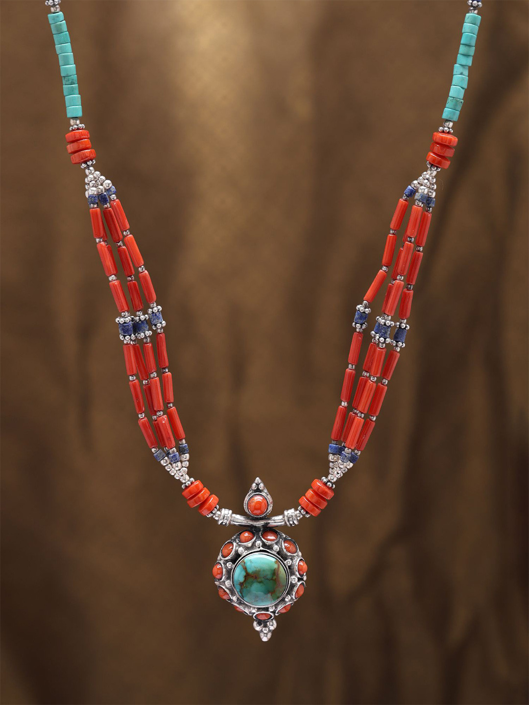 Exotic India Sterling Silver Necklace With Turquoise Lapis Lazuli and Coral Stone