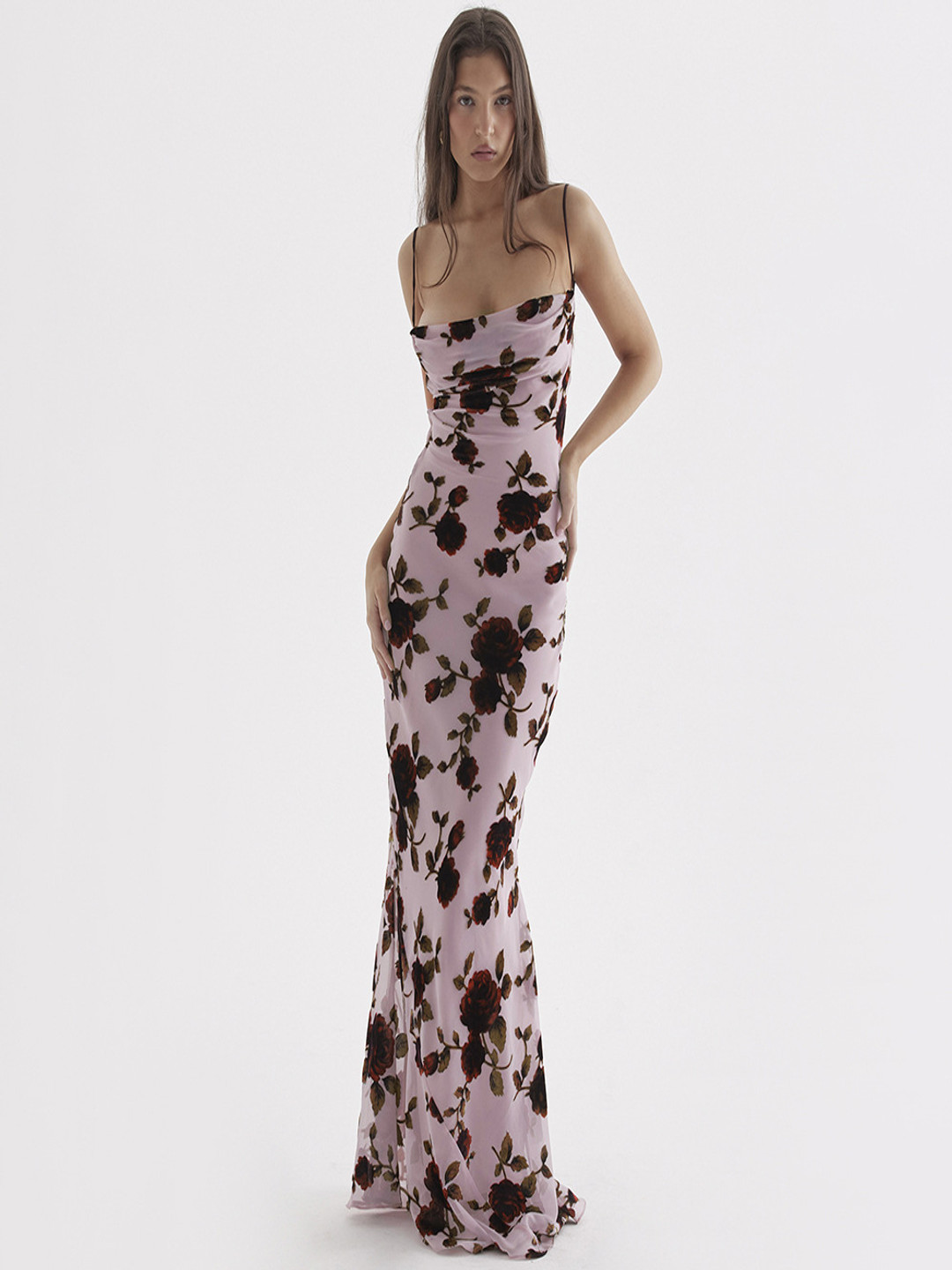 bebe Floral Print Spaghetti Strap Open Back Maxi Dress