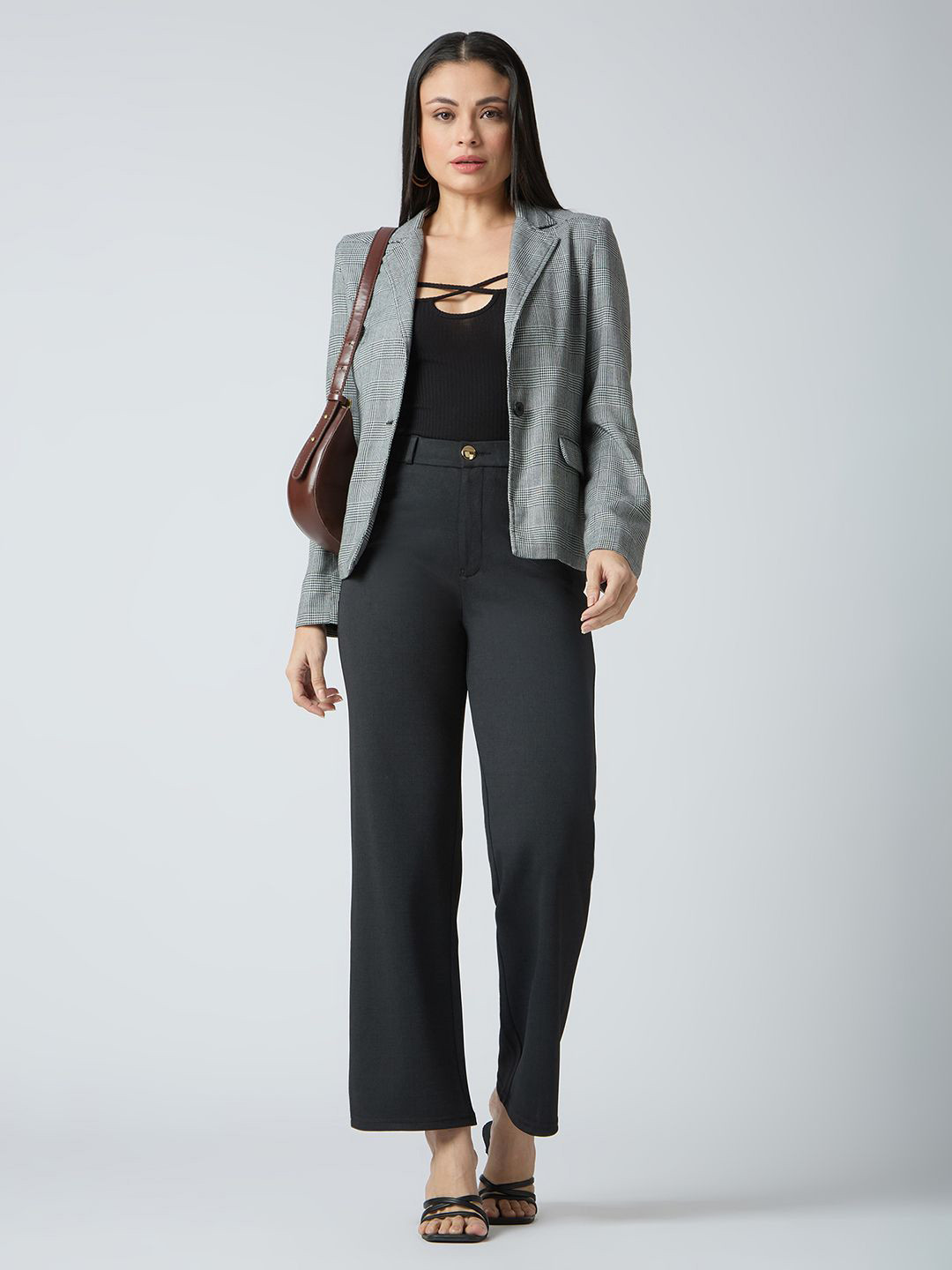Globus Self Checked Design Stretchable Mid-Rise Straight Fit Workwear Trousers