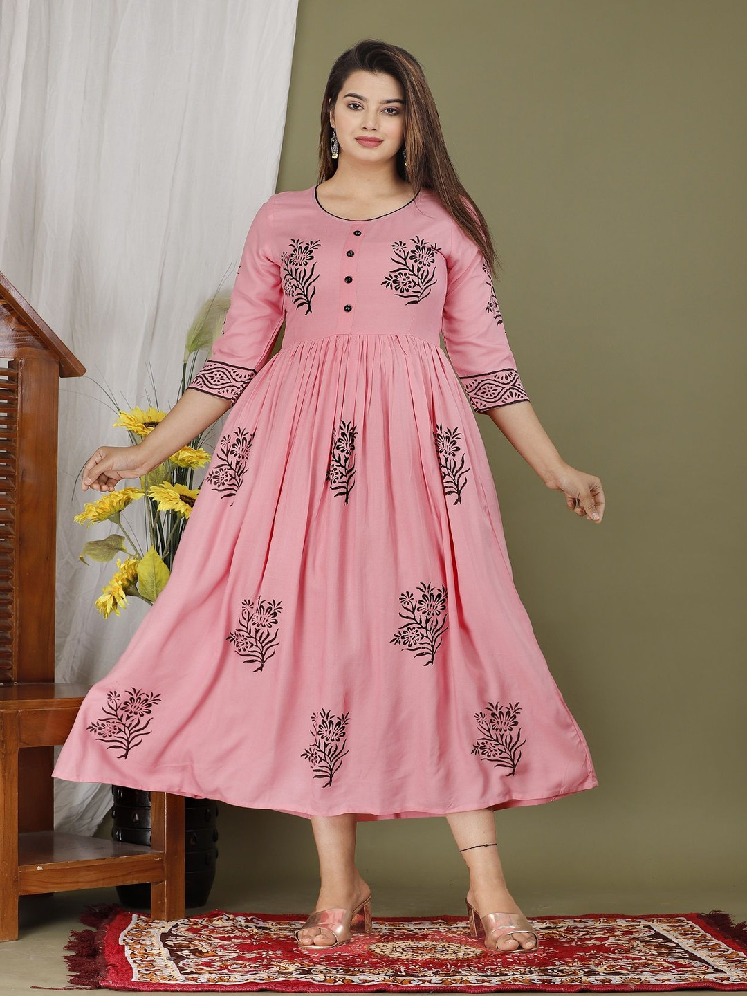 PRIYAGANI GARMENTS Floral Printed Fit and Flare Hand Block Ethnic Dress