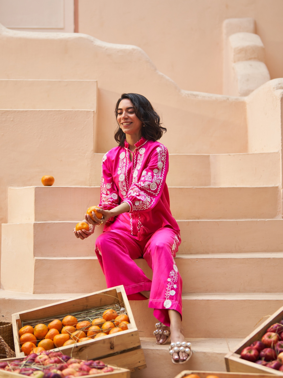 Style Island Embroidered Mandarin Collar Cotton Top