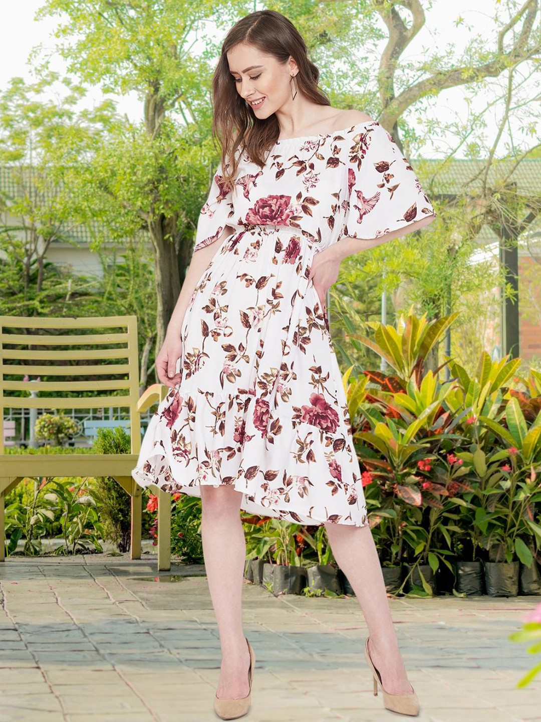DressBerry Floral Print Off-Shoulder Flared Sleeve Georgette A-Line Dress