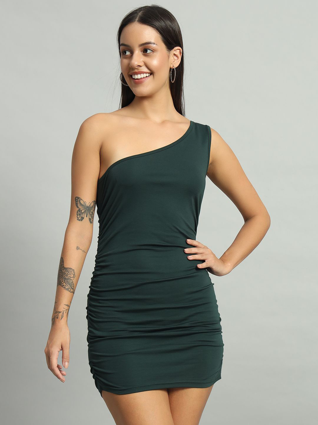 ND & R Women Solid Strechable Single Shoulder Bodycon Dress