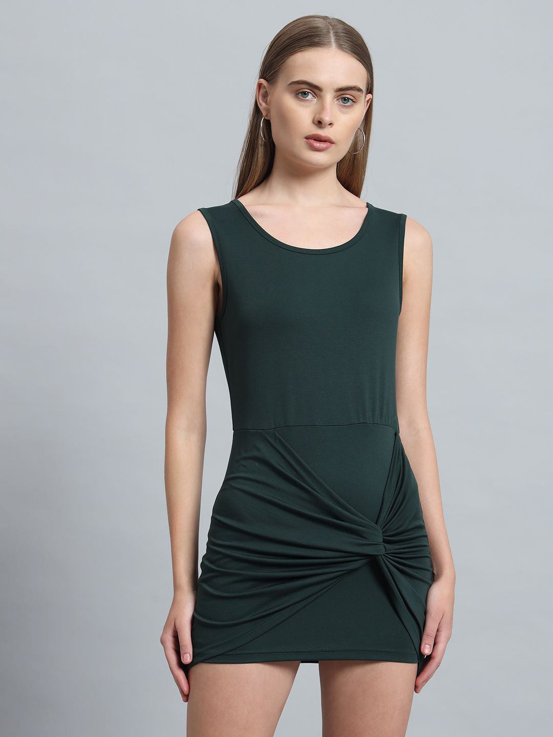 ND & R Women Solid Strechable Sleeveless Twisted Bodycon Mini Length Dress