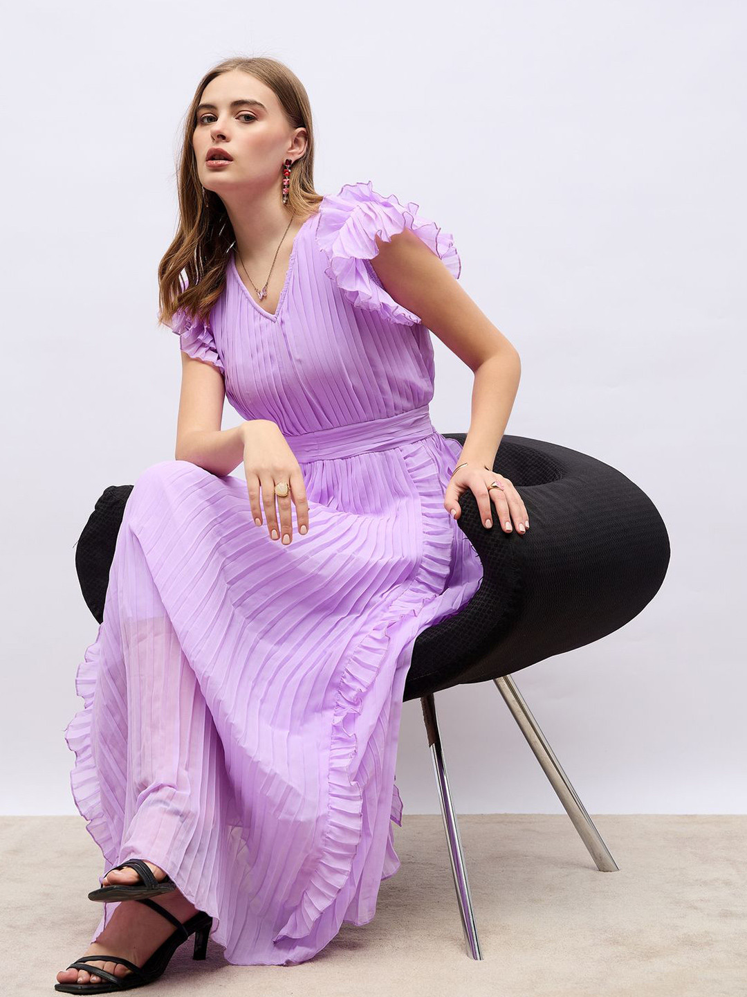 Styli Women Ruffle Sleeves V Neck Pleated A-Line Maxi Dress