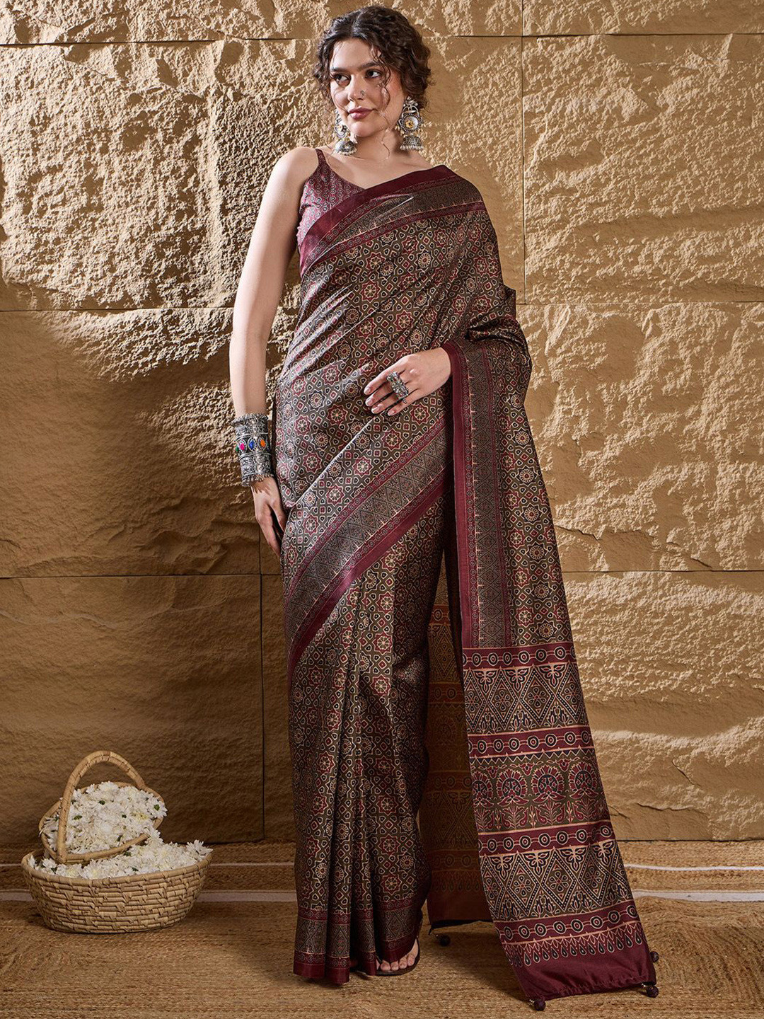 Anouk modal Ajrak Block Silk Blend Block Print Saree with Blouse Piece