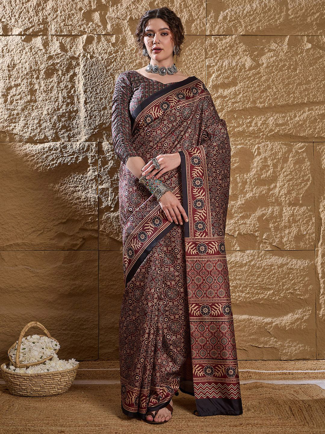 Anouk modal Ajrak Block Silk Blend Block Print Saree with Blouse Piece