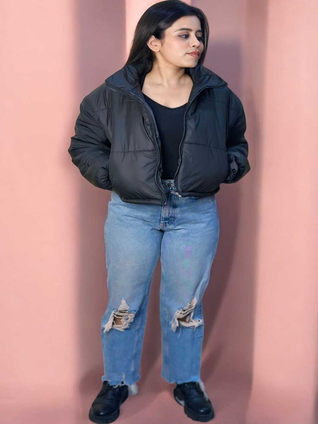 HOW House Of Wear Women Mock Collar Solid Casual Lightweight Puffer Jacket