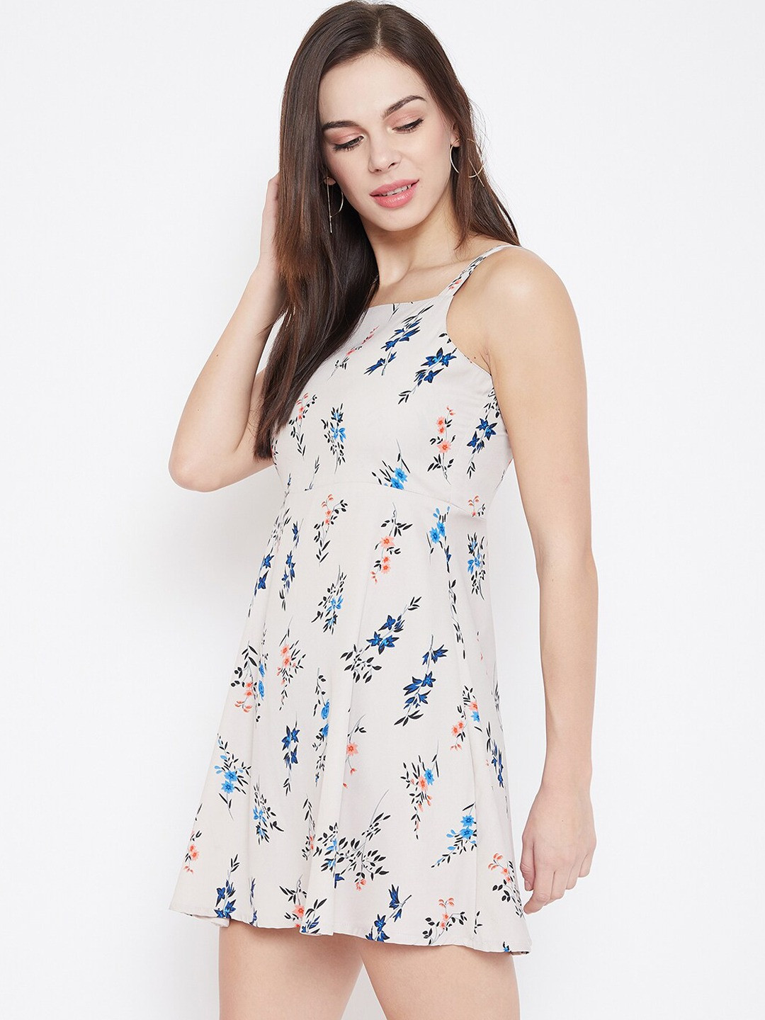 U&F Off White Floral Print Crepe A-Line Mini Dress