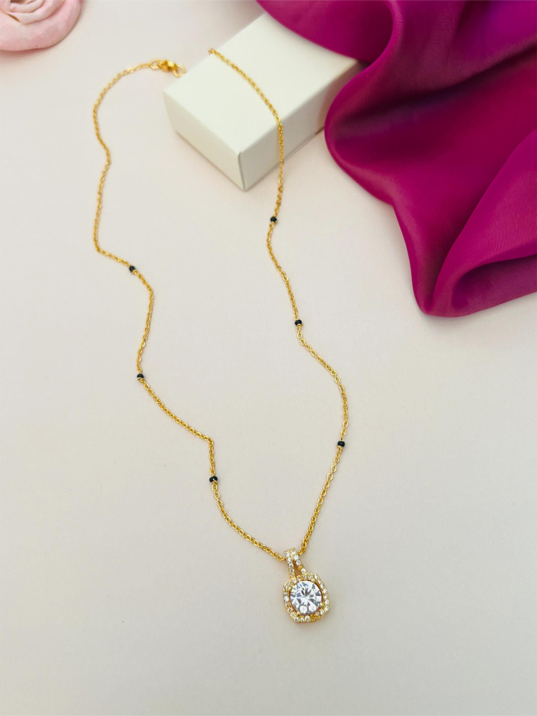 ABDESIGNS Gold-Plated American Diamond Studded & Beaded Mangalsutra