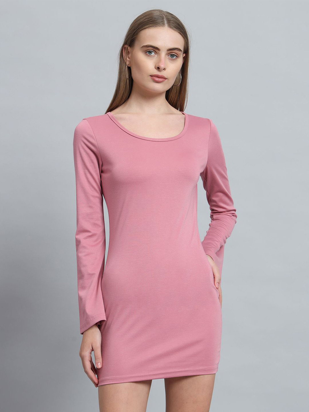 ND & R Women Strechable Solid Full Sleeve Bodycon Mini Length Dress