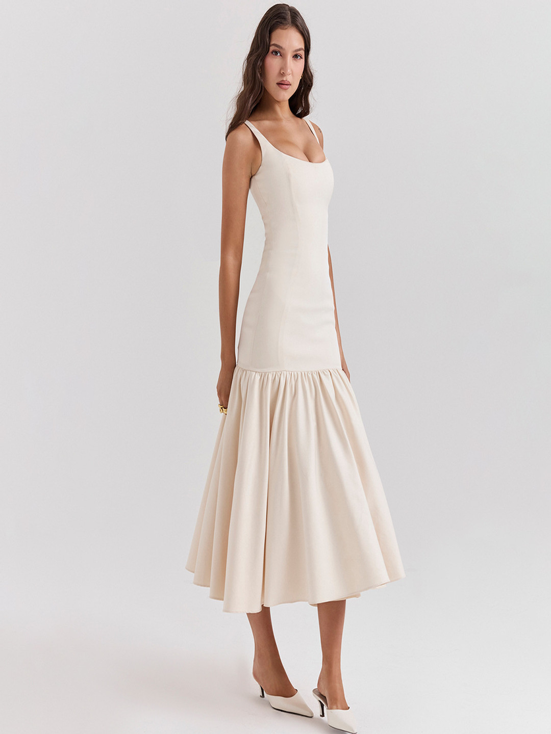 bebe Off-White Scoop Neck Drop Waist Flounce Hem Midi Dress