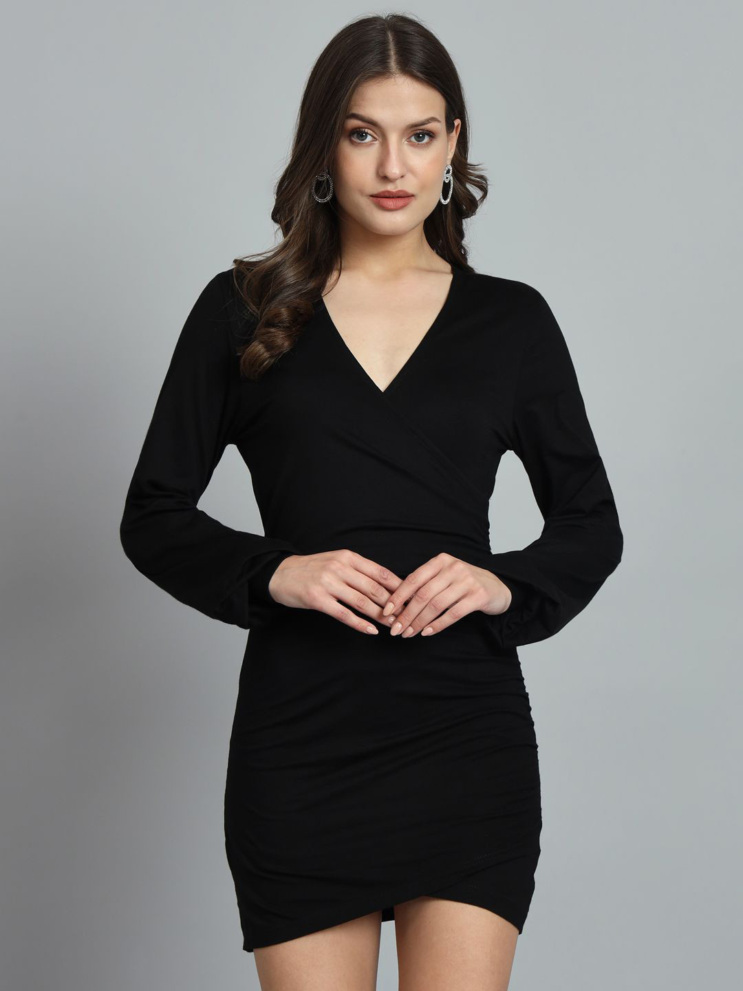 ND & R Women Strechable Solid Wrap Bodycon Above Knee Length Dress