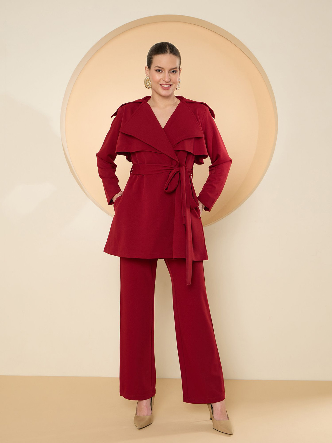 Antheaa Red Trench collar Coat With Trouser